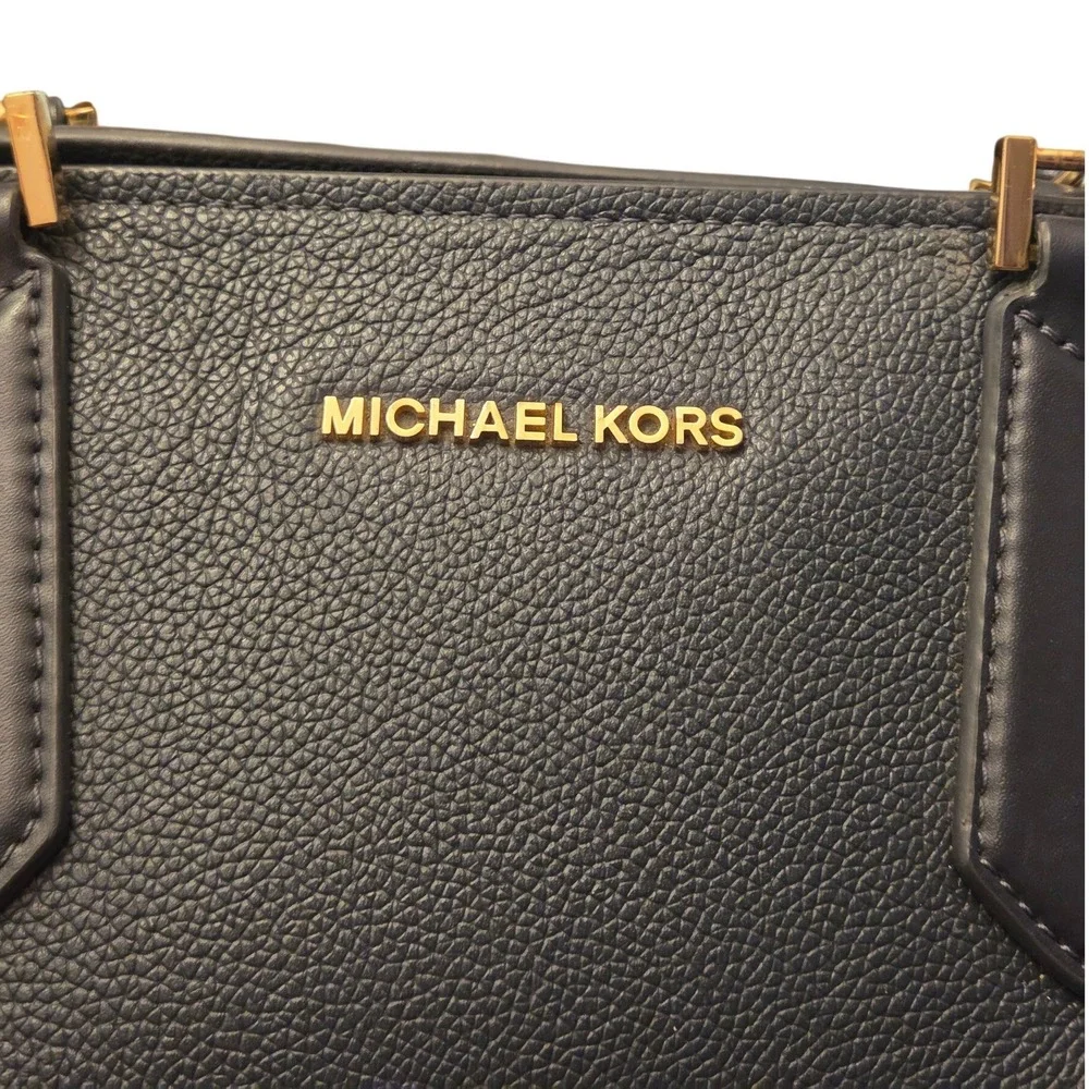 Michael Kors Navy Blue Pebbled Leather Satchel Gold Tone Hardware Handbag